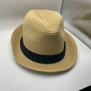Perry Ellis Portfolio Straw Fedora Hat Mens S/M Black Band Casual‎